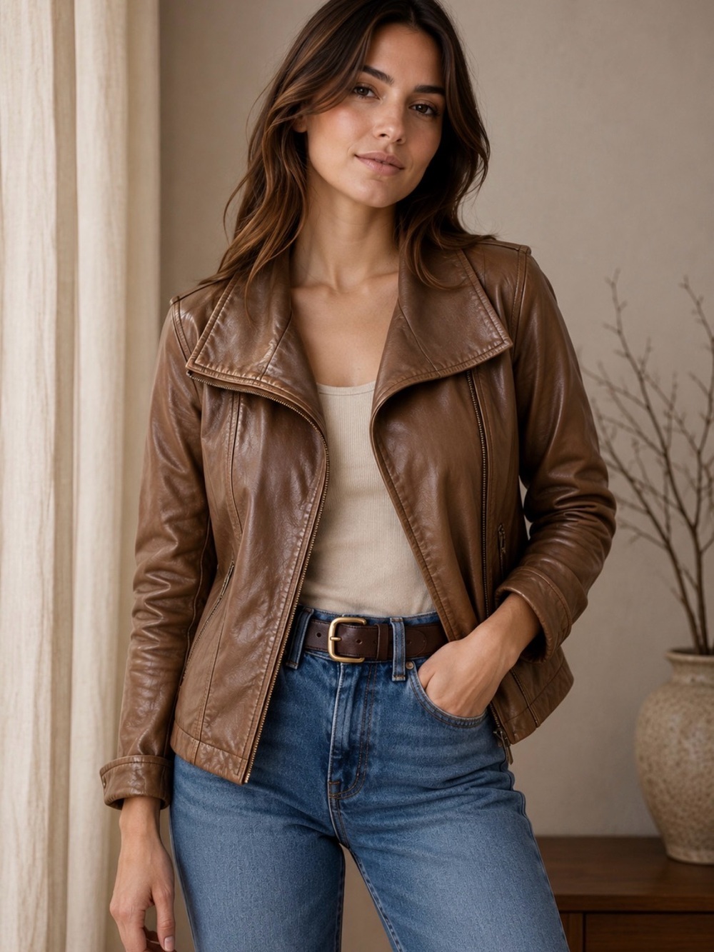 Danier Women's Brown Leather Moto Jacket - Blink